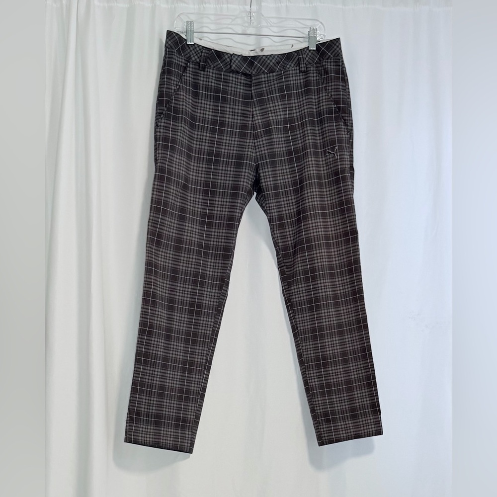 Puma Golf Men’s Plaid Performance Pants Gray Charcoal 34x32 Stretch Athletic Fit